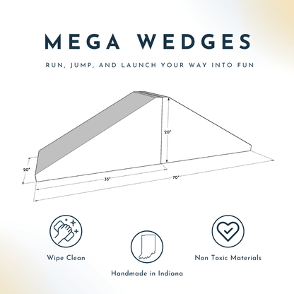 An illustration of a Foamnasium Mega Wedge Play Triangle shows dimensions (35" wide, 70" long, 20" high). Below, three icons highlight features: "Wipe Clean," "Handmade in Indiana," and "Non-Toxic Materials." The durable foam playset is CertiPUR-US and GREENGUARD GOLD certified. The background has a gradient color scheme.