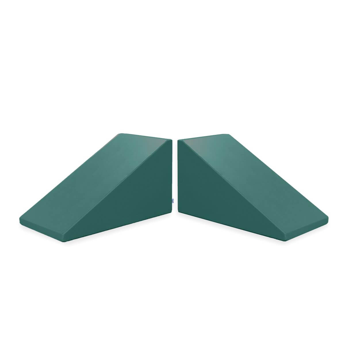 Two Mega Wedge Play Triangles from Foamnasium, colored teal, are placed next to each other against a white background. Each durable foam wedge has a right-angled triangle shape with smooth surfaces. They are positioned base-to-base, creating a mirrored triangular arrangement. The set is CertiPUR-US certified.