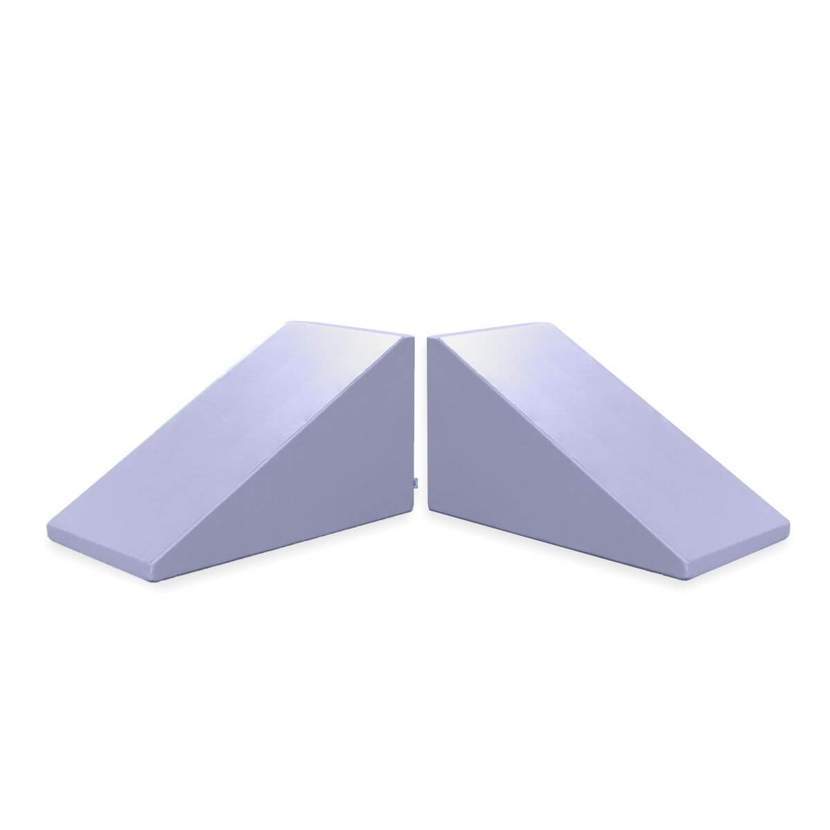 Two Foamnasium Mega Wedge Play Triangles, featuring a purple CertiPUR-US certified foam construction, are positioned side by side with their sloped sides facing each other. These wedges have one side higher than the other and are commonly used in gymnastics, physical therapy, or exercise for balance and support.